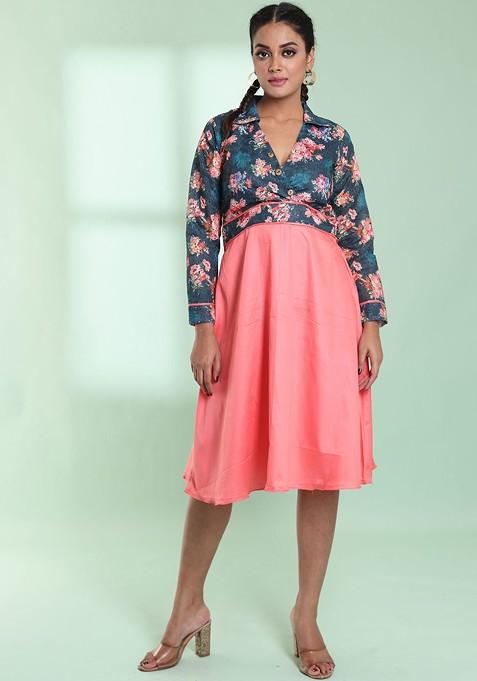 Peach Floral Print Cotton Dress