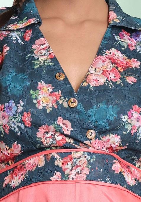 Peach Floral Print Cotton Dress