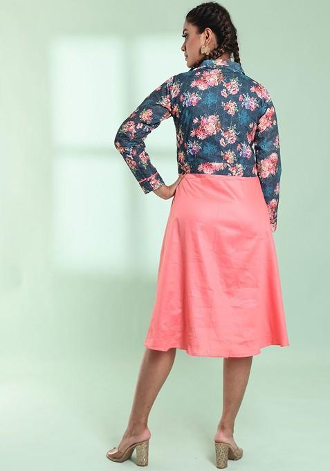 Peach Floral Print Cotton Dress