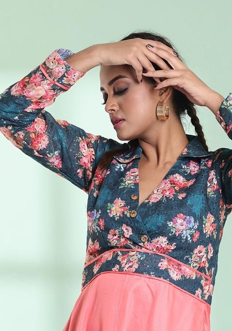 Peach Floral Print Cotton Dress