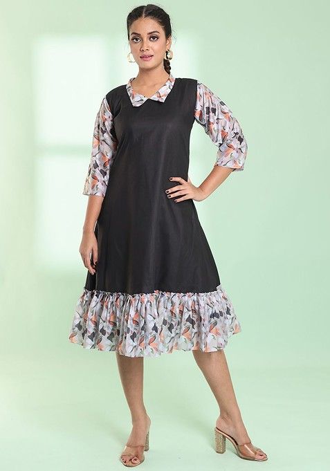 Black Floral Print Cotton Dress