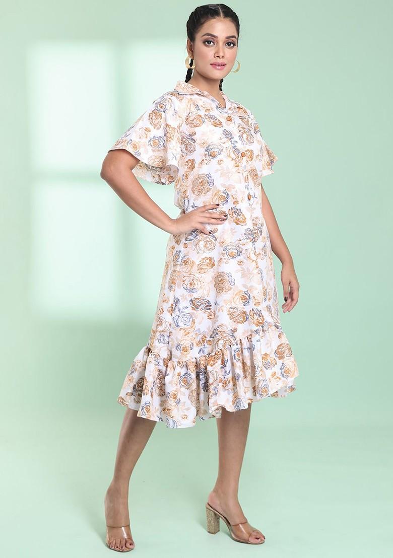 Off White Floral Print Cotton Blend Midi Dress