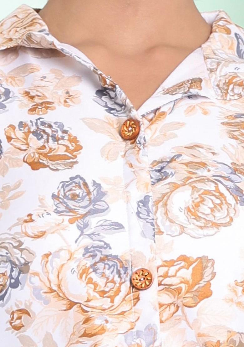 Off White Floral Print Cotton Blend Midi Dress