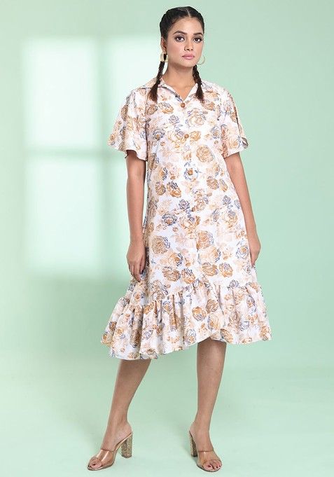 Off White Floral Print Cotton Blend Midi Dress