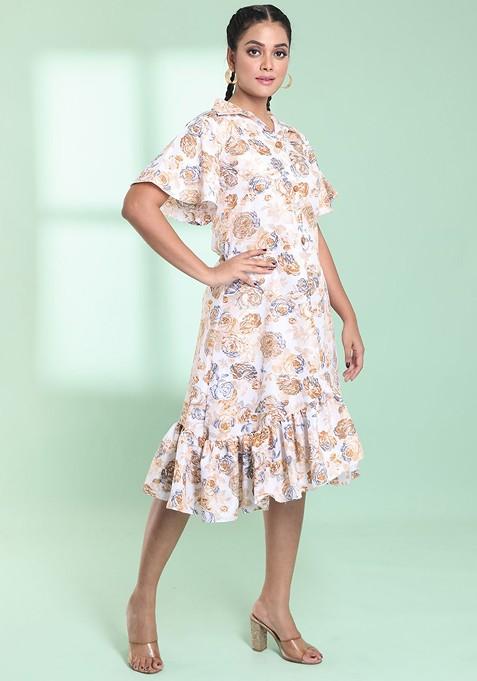 Off White Floral Print Cotton Blend Midi Dress