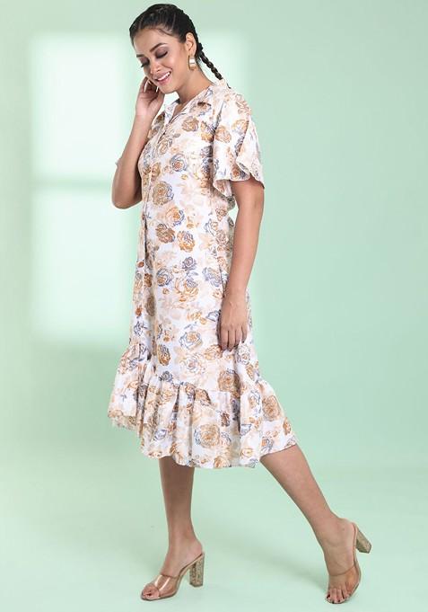 Off White Floral Print Cotton Blend Midi Dress