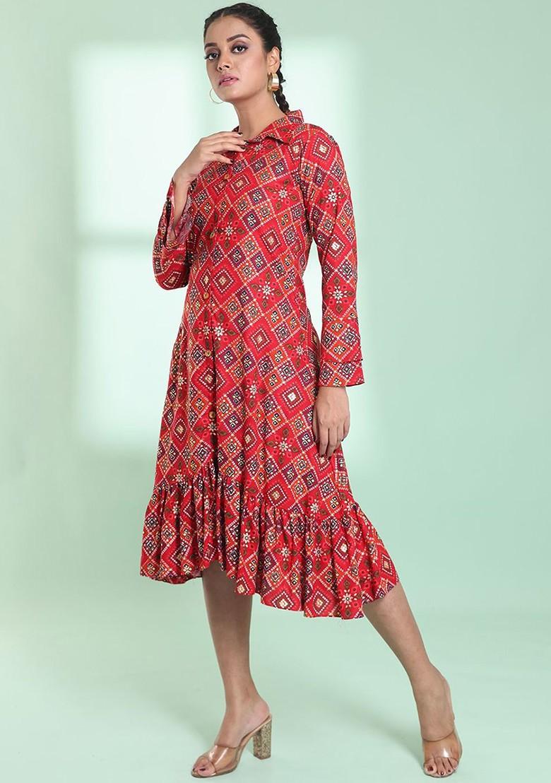 Red Printed Rayon Dress