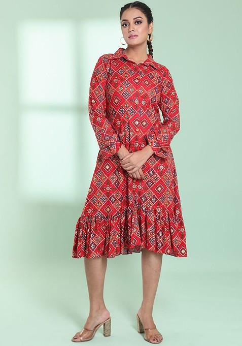 Red Printed Rayon Dress