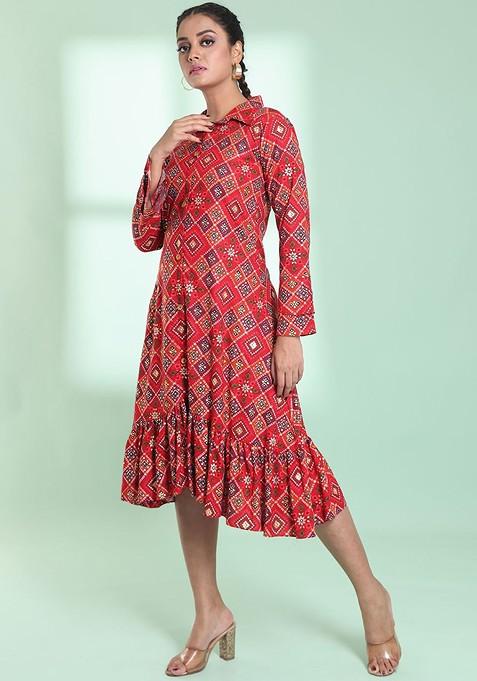 Red Printed Rayon Dress