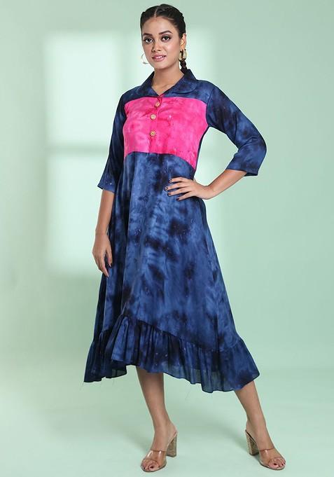 Navy Blue Ethnic Motifs Rayon Midi Ethnic Dress