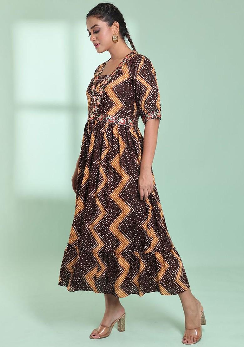 Brown Printed Rayon Maxi Ethnic Dress
