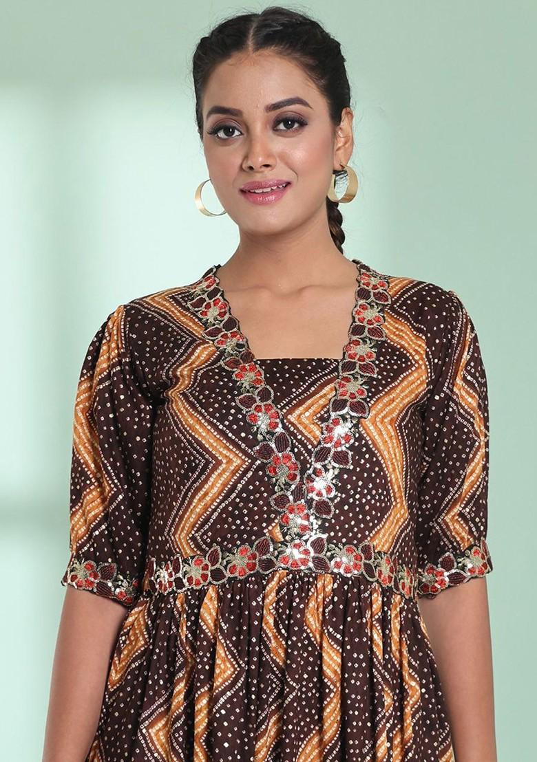 Brown Printed Rayon Maxi Ethnic Dress