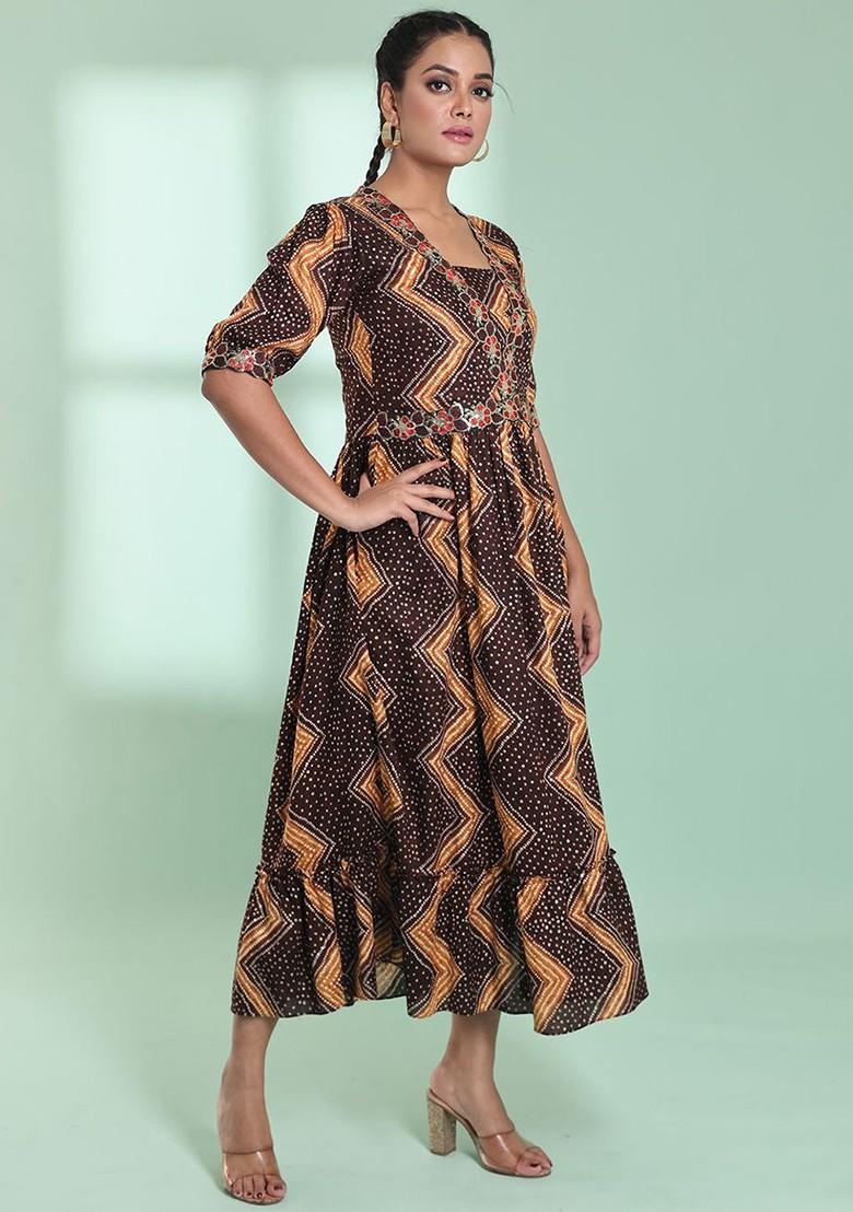 Brown Printed Rayon Maxi Ethnic Dress