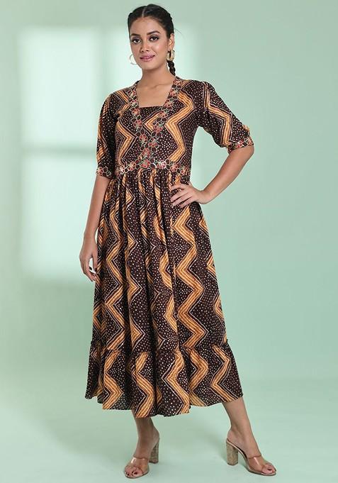 Brown Printed Rayon Maxi Ethnic Dress