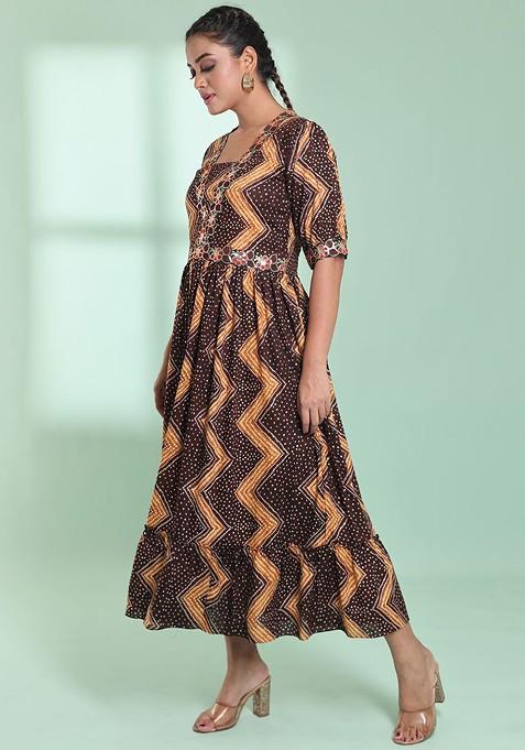 Brown Printed Rayon Maxi Ethnic Dress