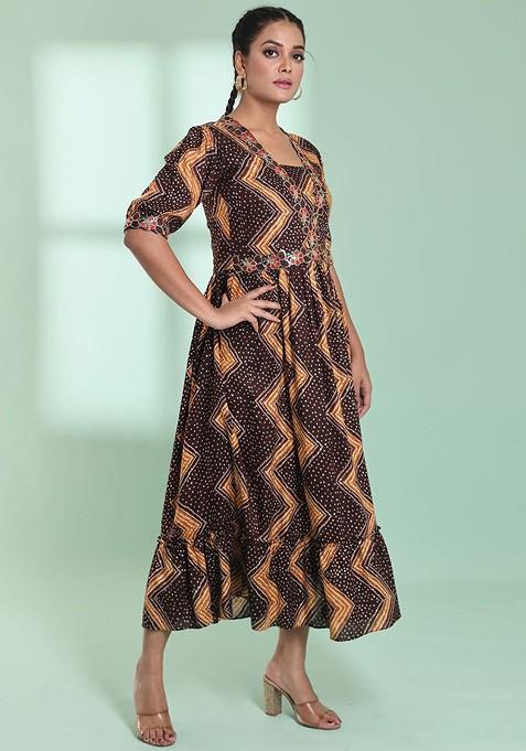 Brown Printed Rayon Maxi Ethnic Dress