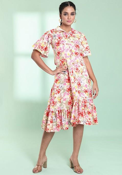 Off White Floral Print Rayon Midi Dress