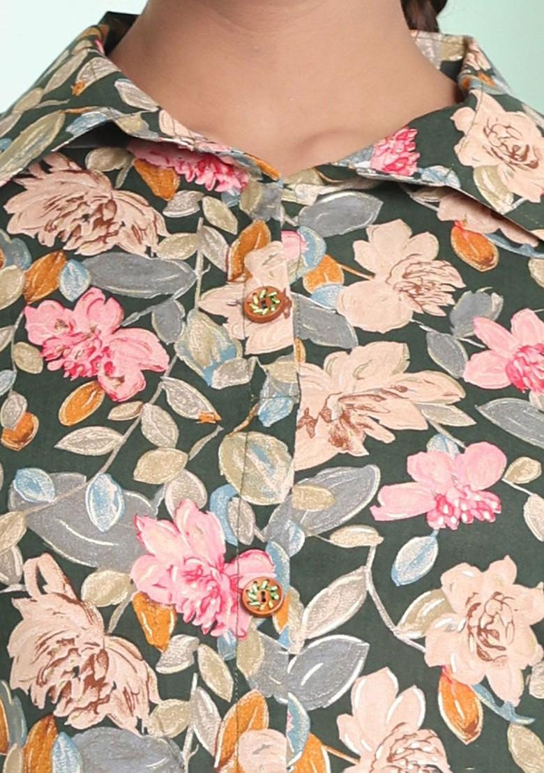 Green Floral Print Rayon Dress