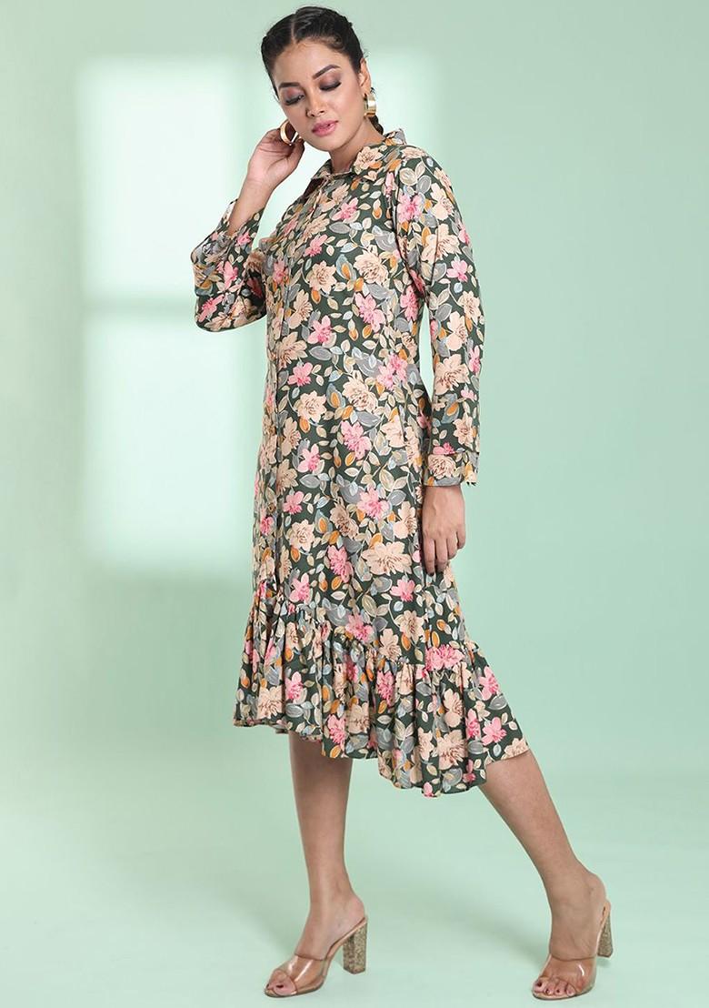 Green Floral Print Rayon Dress