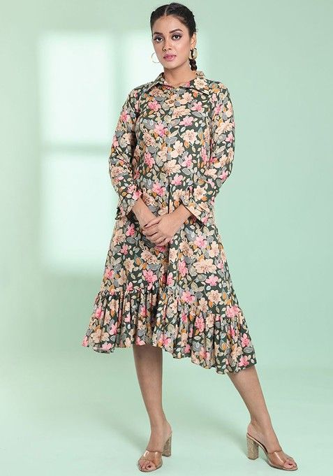 Green Floral Print Rayon Dress