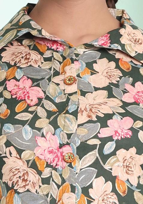 Green Floral Print Rayon Dress