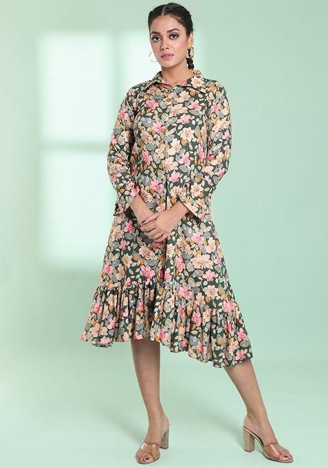 Green Floral Print Rayon Dress