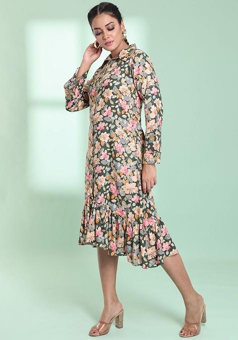 Green Floral Print Rayon Dress