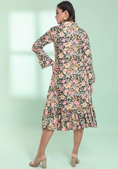 Green Floral Print Rayon Dress