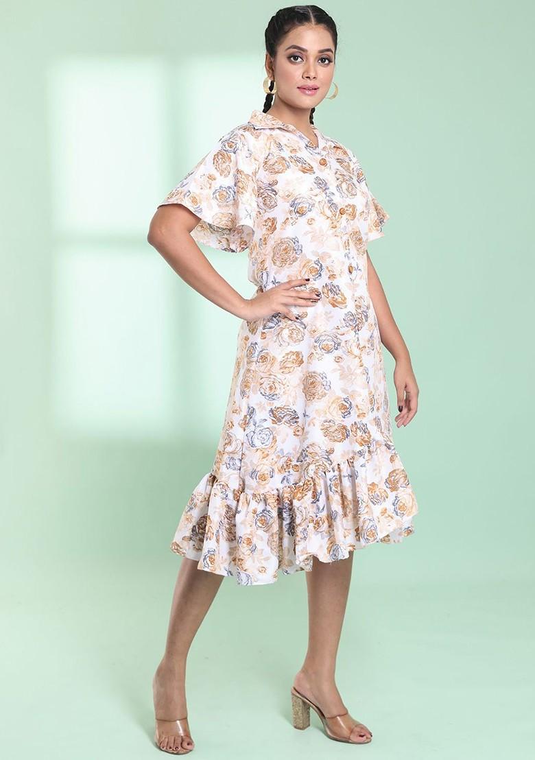 Off White Floral Print Cotton Blend Midi Dress