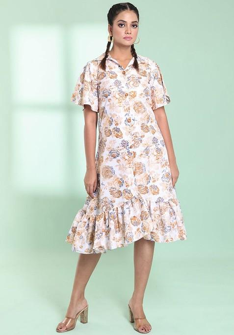 Off White Floral Print Cotton Blend Midi Dress