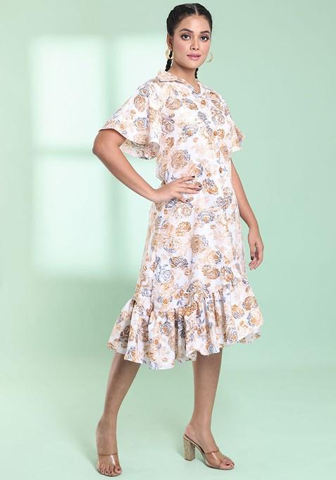 Off White Floral Print Cotton Blend Midi Dress