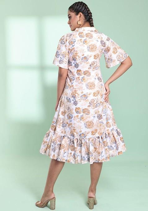 Off White Floral Print Cotton Blend Midi Dress