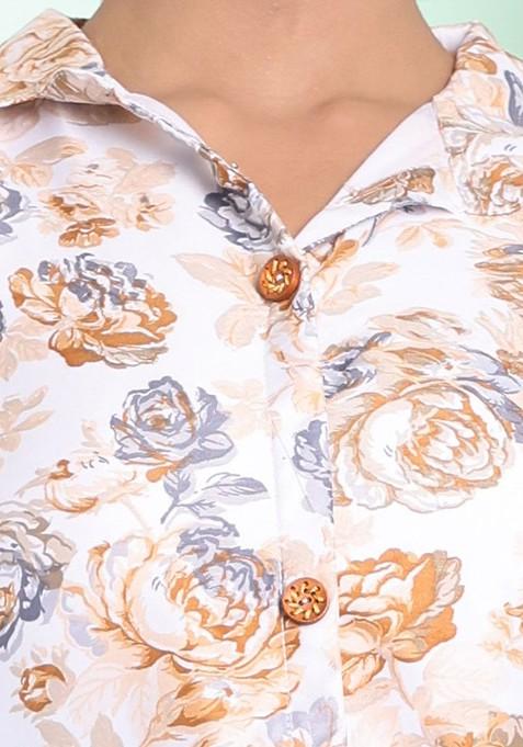 Off White Floral Print Cotton Blend Midi Dress