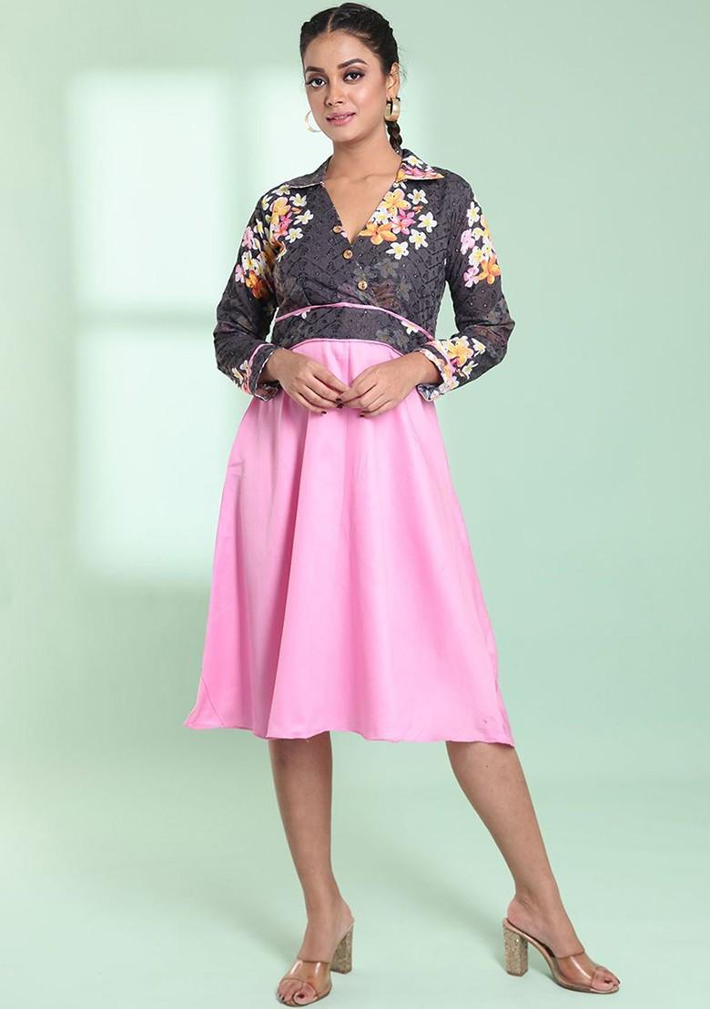 Pink Floral Print Cotton Midi Dress