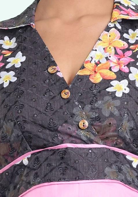 Pink Floral Print Cotton Midi Dress