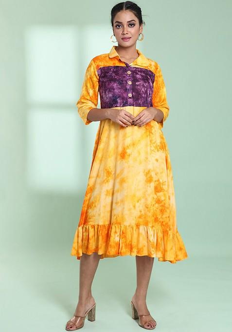 Yellow Printed Rayon Midi Ethnic Dress