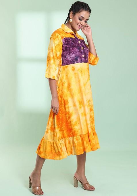 Yellow Printed Rayon Midi Ethnic Dress