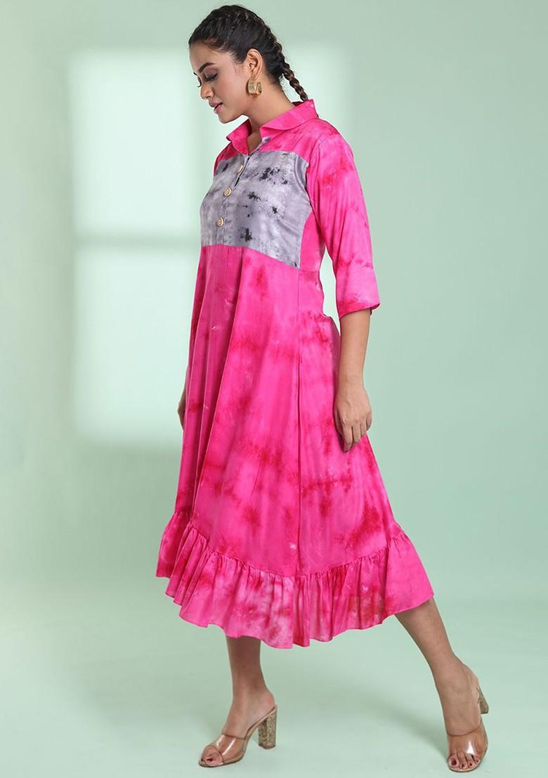 Pink Abstract Print Rayon Midi Dress