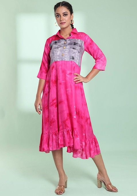 Pink Abstract Print Rayon Midi Dress