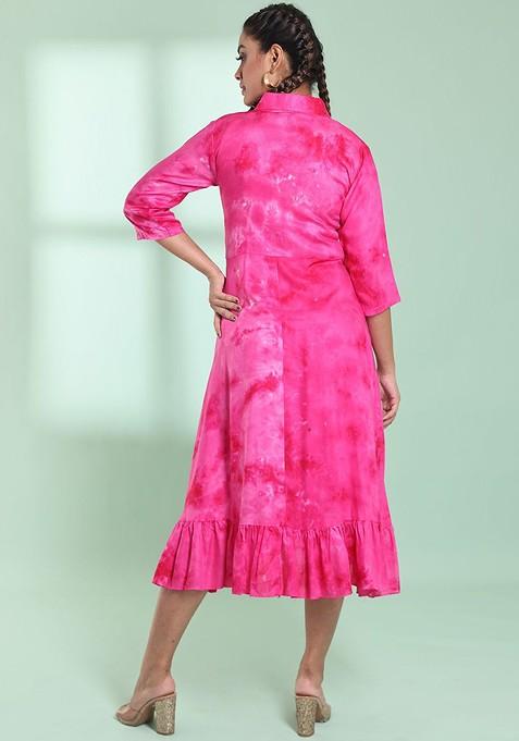 Pink Abstract Print Rayon Midi Dress
