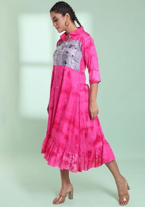 Pink Abstract Print Rayon Midi Dress