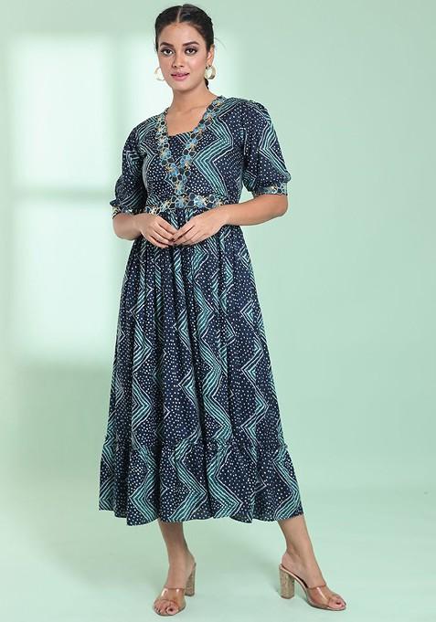 Teal Blue Printed Rayon Ethnic Dress