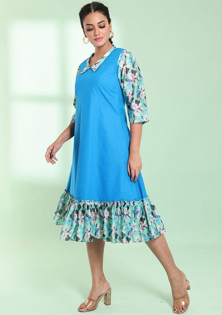 Blue Printed Cotton Midi Dress