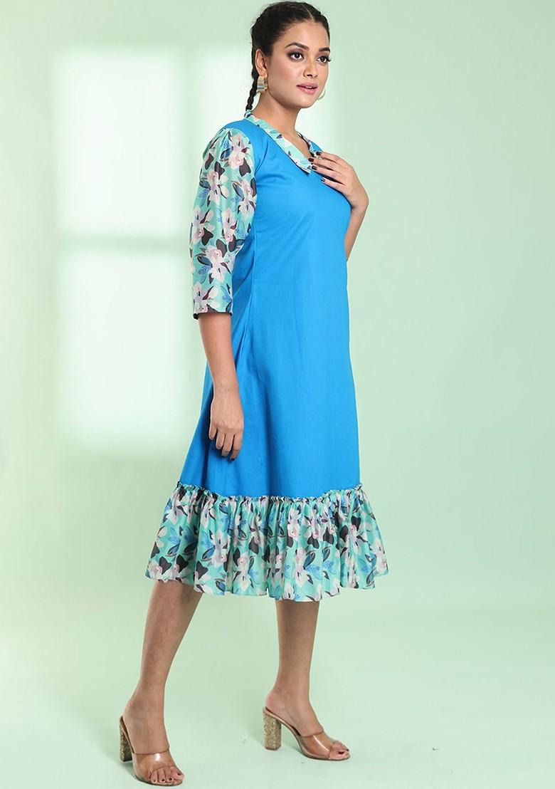 Blue Printed Cotton Midi Dress