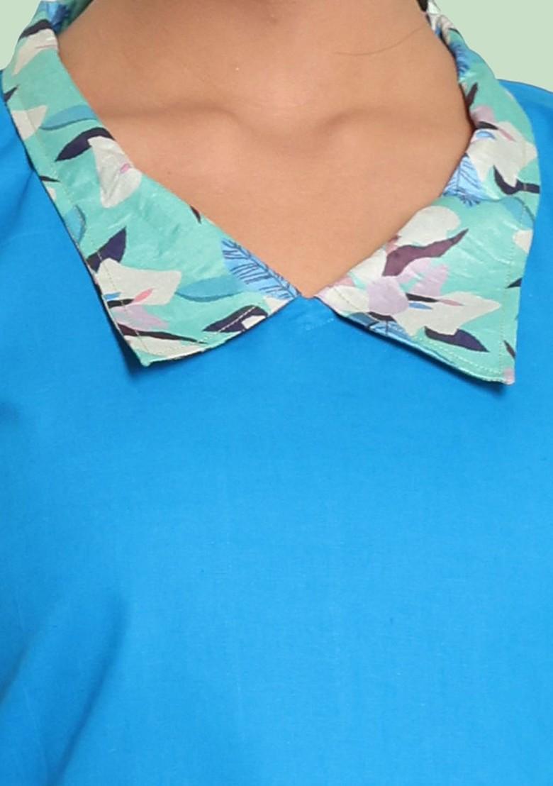 Blue Printed Cotton Midi Dress