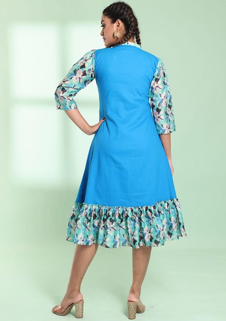 Blue Printed Cotton Midi Dress