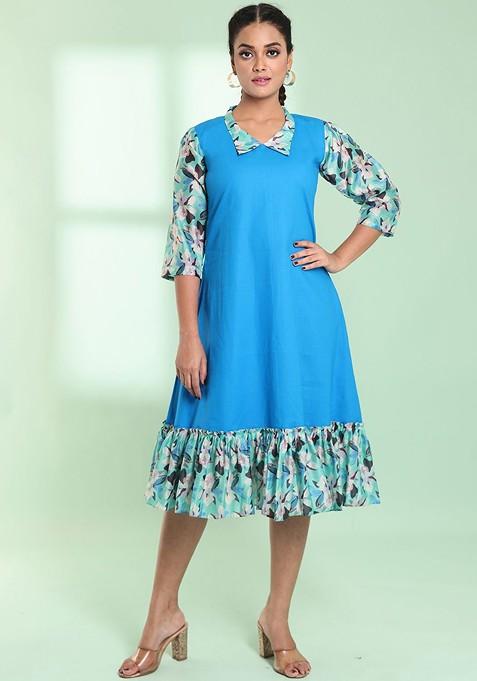 Blue Printed Cotton Midi Dress