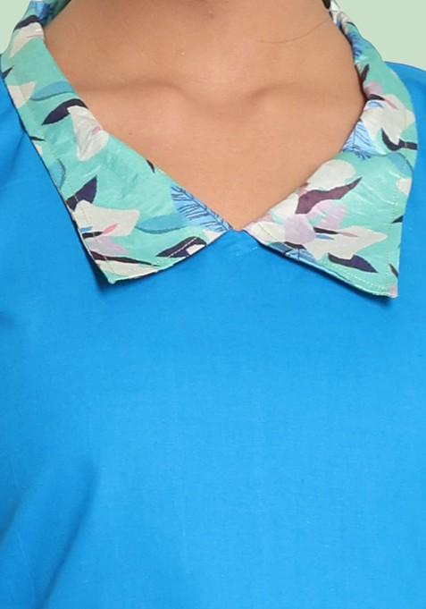 Blue Printed Cotton Midi Dress