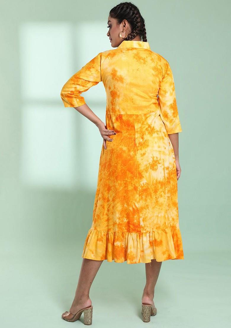 Yellow Printed Rayon Midi Dress
