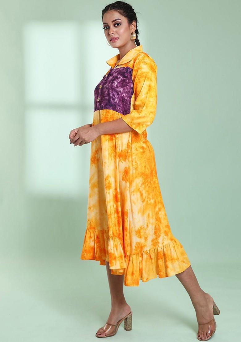 Yellow Printed Rayon Midi Dress